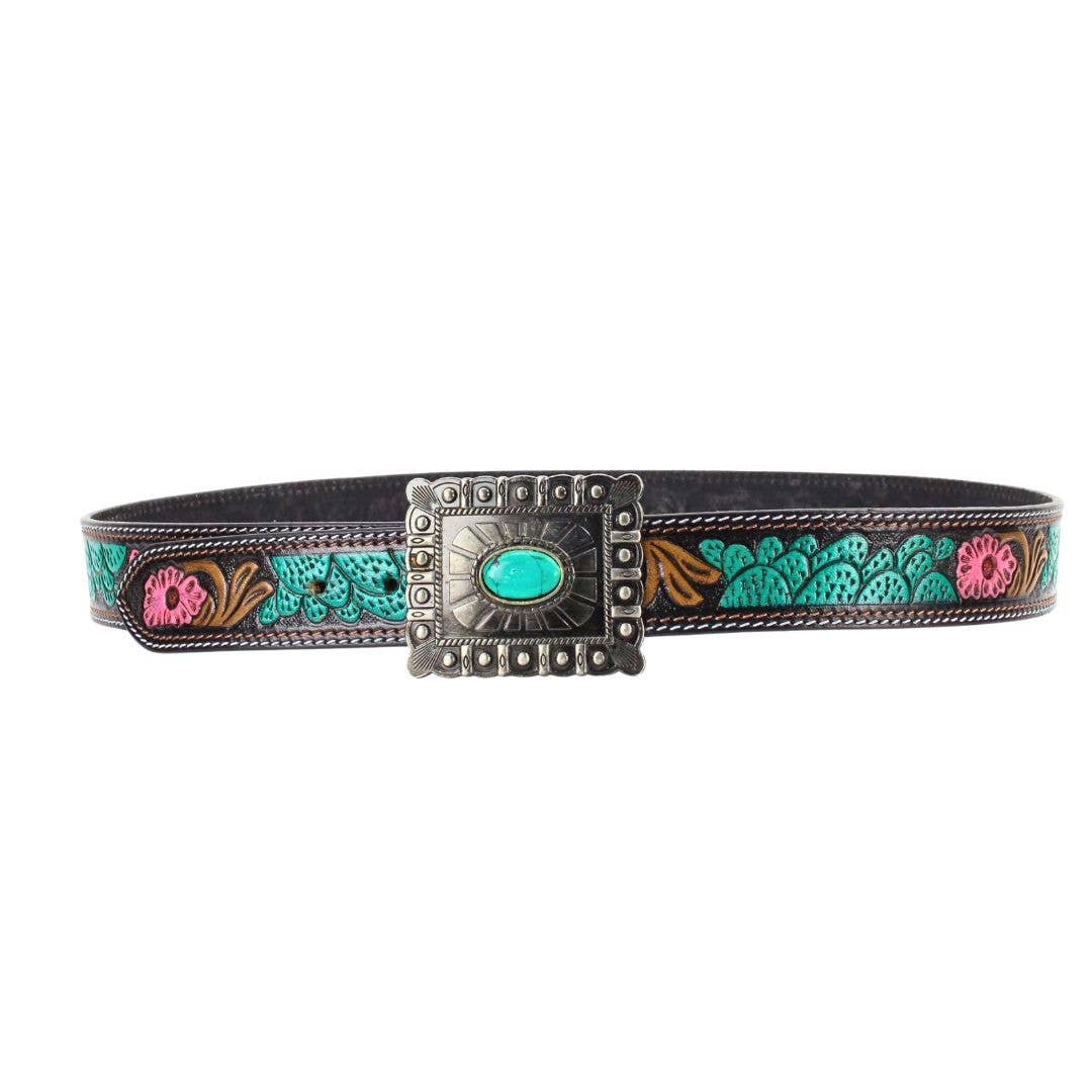 Leather Impressions Inc - Wholesale Belt - Women's - Turquoise and Pink Tooled Leather Belt 7Pc Prepack ABBWST 414