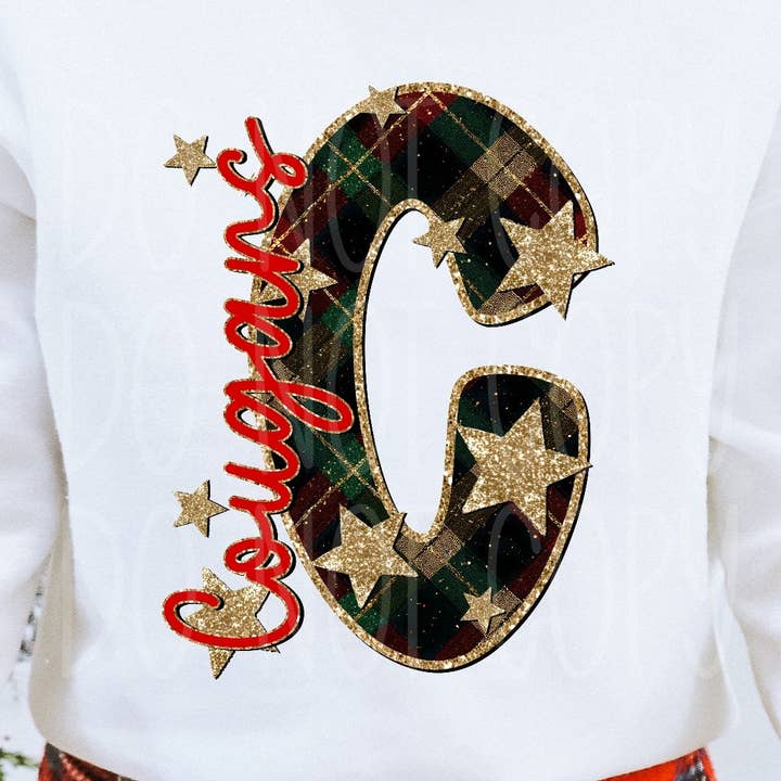 Cougars Christmas Plaid Mascot DTF Transfer | Trendy School Spirit DTF Transfer | High Quality Image Transfers | Ready to Press | Instant Peel for wholesale by Red Dirt Transfers