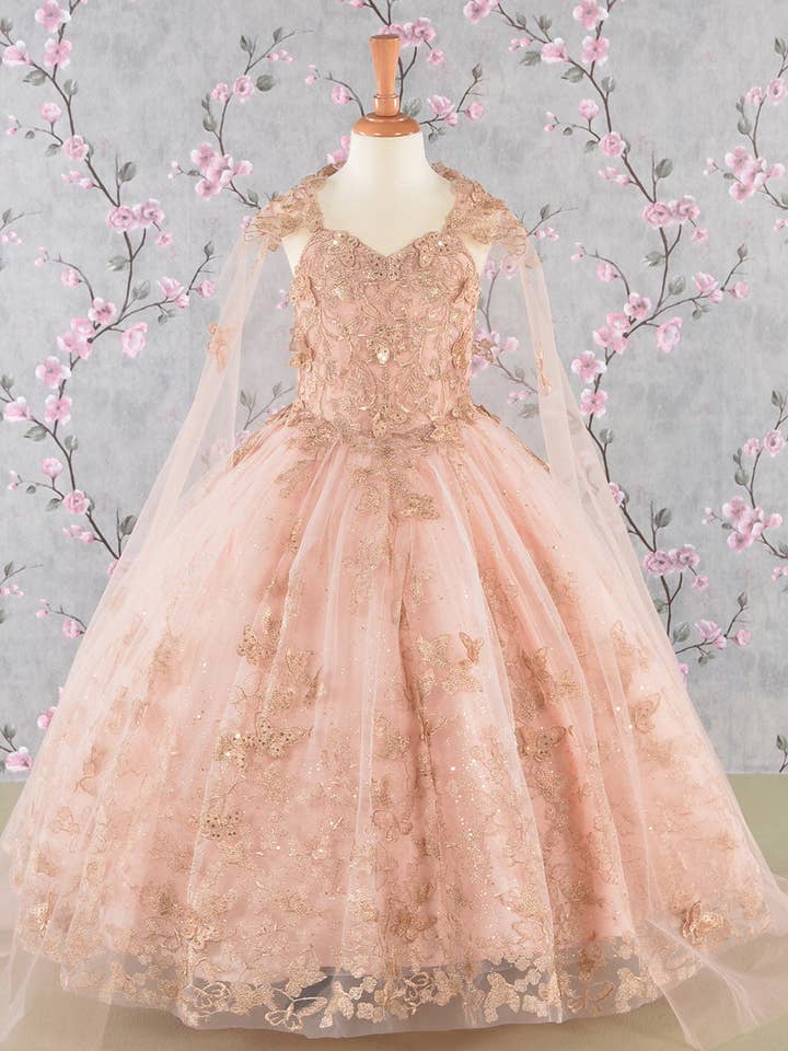 SMC Fashion - Wholesale Dress - Kids - 3D Butterfly Sequin Mesh w/ Detachable Long Mesh Cape Kid Dress GLGK1149