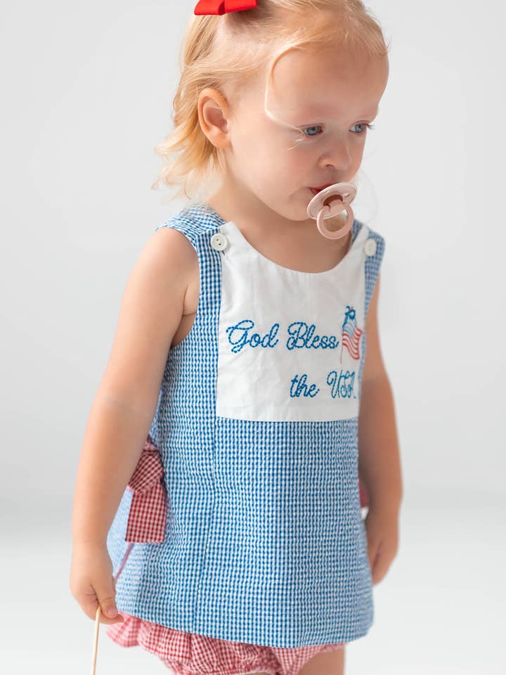 Posh Pickle - Wholesale Top & Short Set - Kids - God Bless The USA Popover Split Side Embroidered Top & Bloomer Set