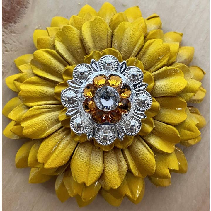 Sunflower With Bright Silver Golden & Clear 1" Concho for wholesale by Rodeo Drive