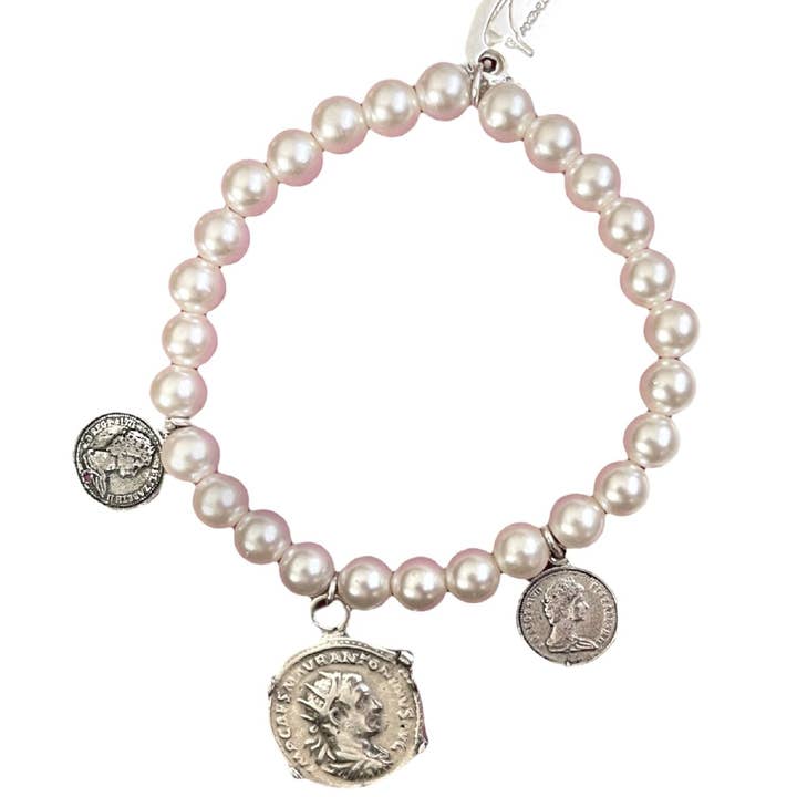 Elastic bracelet for pearls and silver coins for wholesale by Gloria Mago
