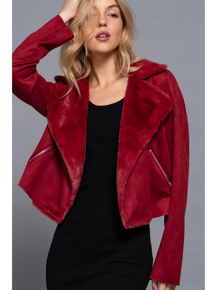 Active Basic | Active USA - Wholesale Jacket - Women's - Lapel Collar with Fur Detailed Faux Suede Biker Jacket