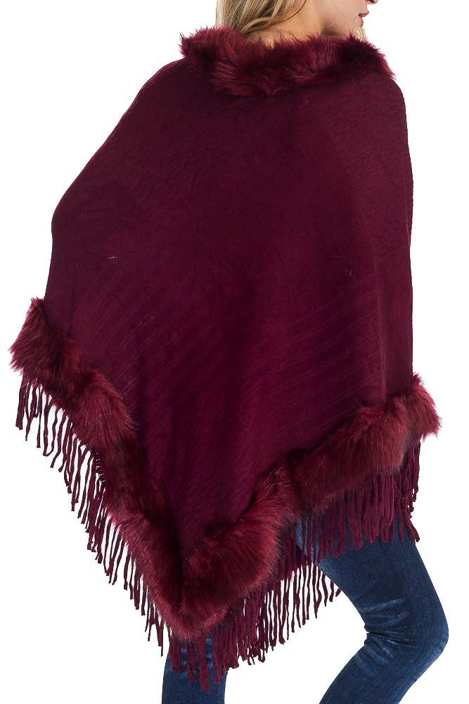 Cap Zone - Wholesale Poncho - Women's - Cable Printed Faux Fur Collar And Trimming Poncho5