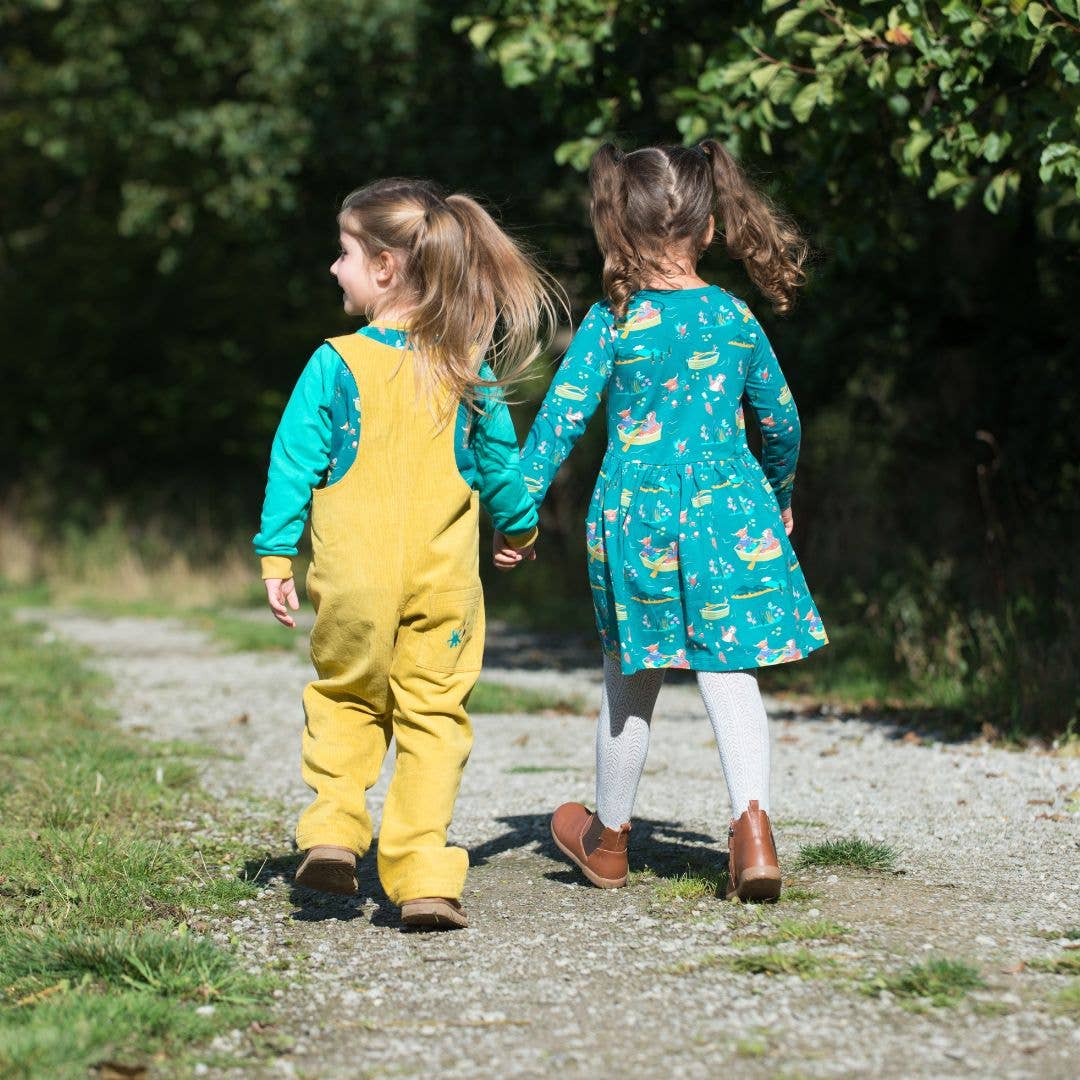 Ducky Zebra: Sustainable Kids' Clothes - Wholesale Overalls - Kids - Yellow Organic Cord Dungarees: Highland Cow & Kingfisher4