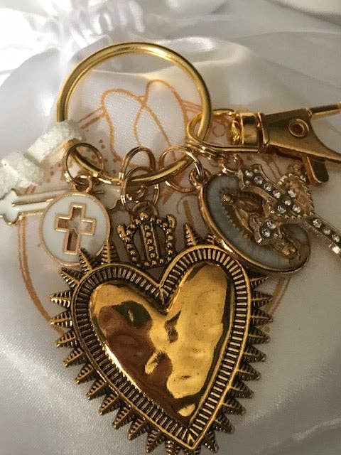 Miss DJ Angel - Wholesale Keychain - Women's - Virgin Mary keychain with sacred heart and cross, gift for virgin mother, miraculous medal virgin charm, ex-voto keychain1