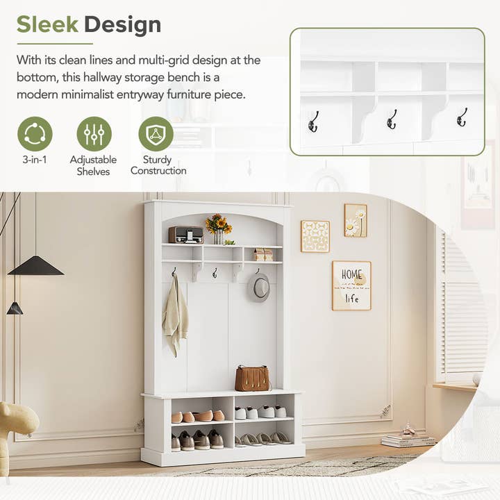Orange County Decor - Wholesale Shoe Rack - 47.2'' Wide Hall Tree With Bench And Shoe Storage, Multi Functional Storage Bench With 3 Hanging Hooks & Open Storage Space, Rectangle Storage & Shelves Coat Rack For Hallway, White White Primary