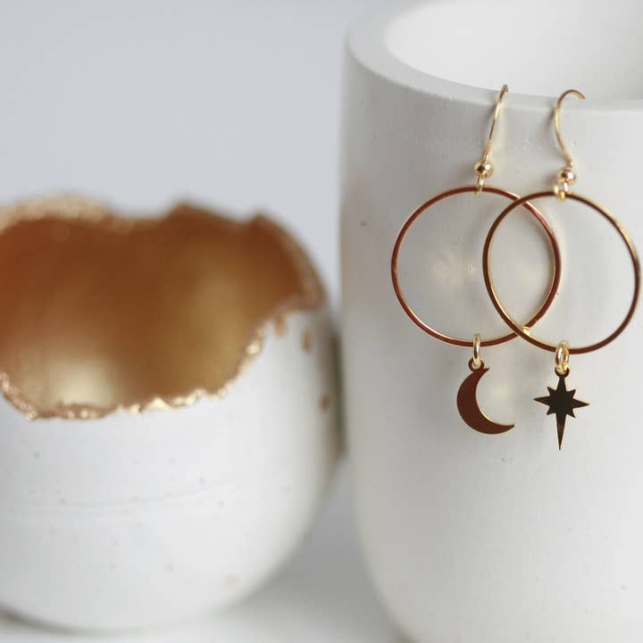 Moon & North Star Earrings | Celestial for wholesale by Kaiko Studio