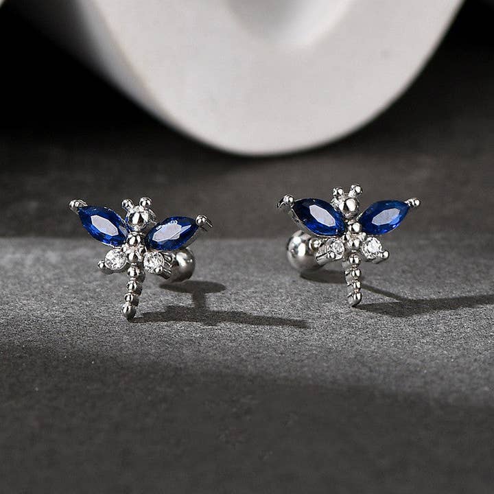 Dainty Blue Dragonfly Stud Earrings in 925 Sterling Silver for wholesale by Perimade & Co. LLC