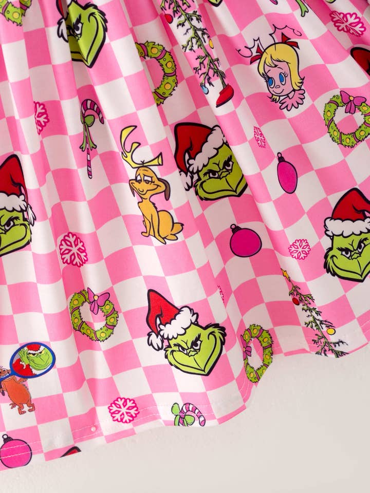 littleoneusa - Wholesale Dress - Kids - Christmas Pink Plaid Grinch Smocked Girl Dress