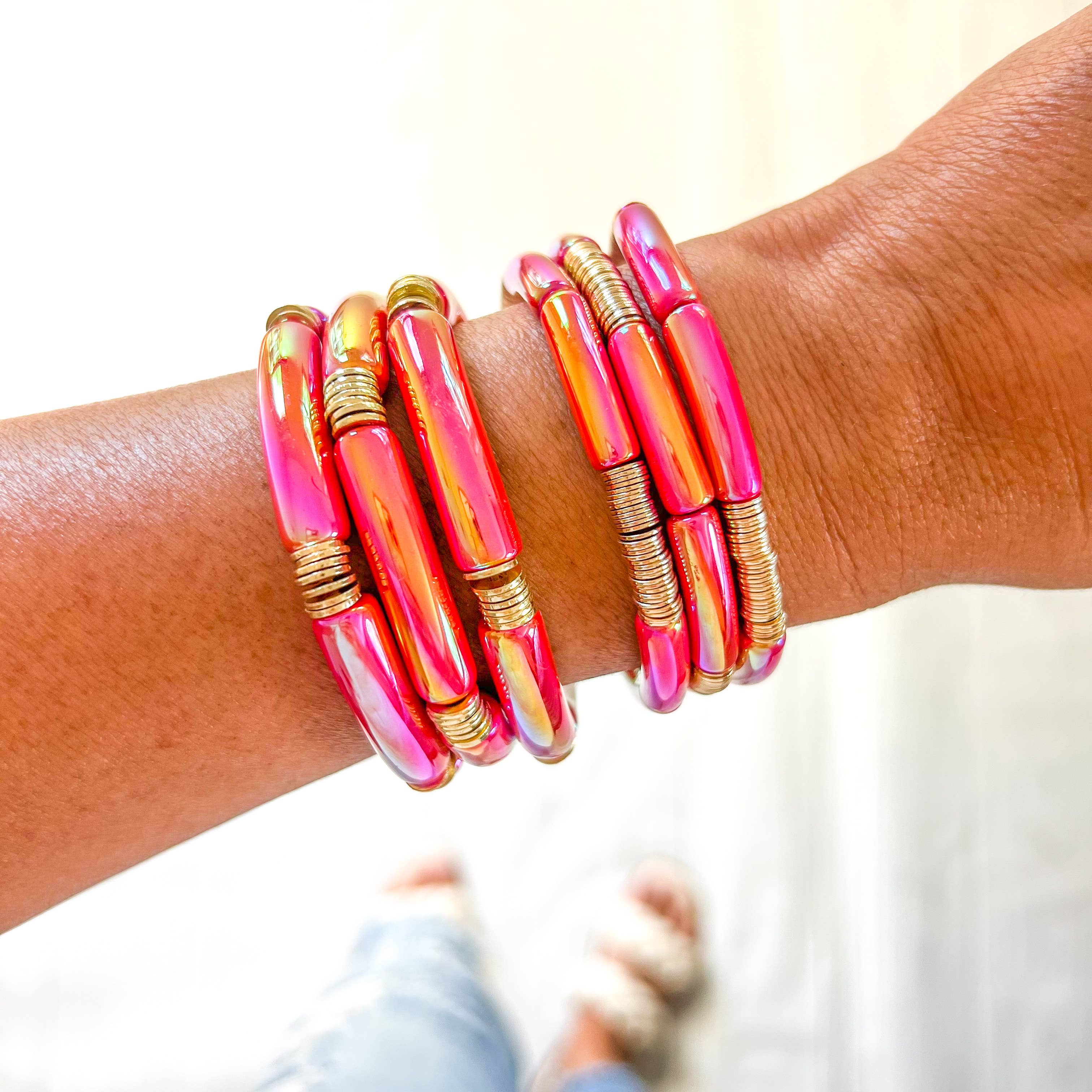 Savvy Bling – wholesale Beaded bracelet – Metallic #7 Red Pink Yellow Acrylic Tube Bamboo Bracelet2