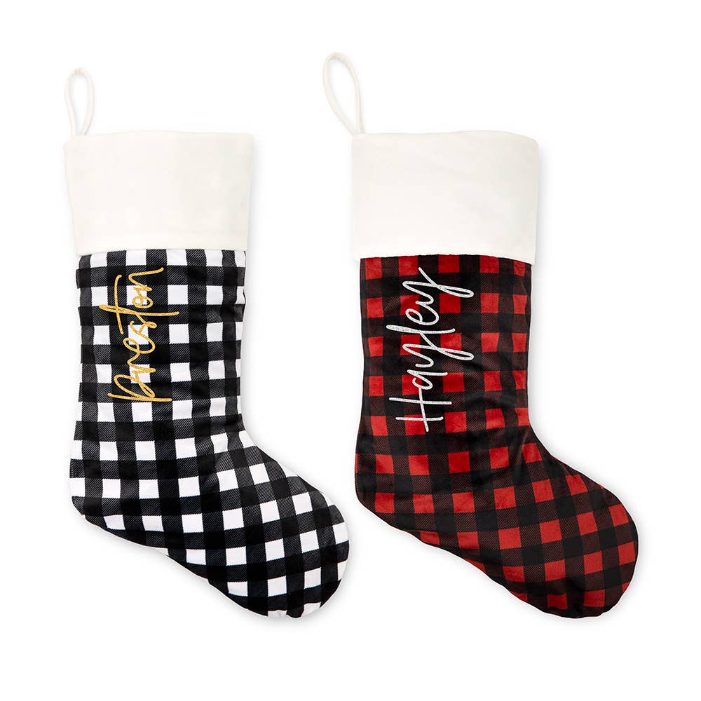 Weddingstar Inc. – wholesale Holiday Stocking – Plush Buffalo Plaid Christmas Stocking- Vertical Script Font1