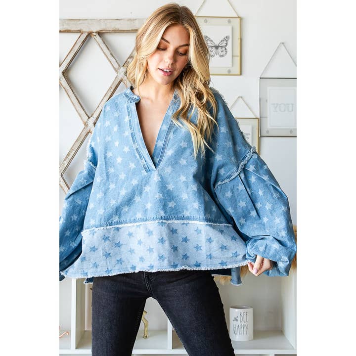 WASHED STAR PRINTED BALLOON SLEEVE DENIM TOP for wholesale on Faire