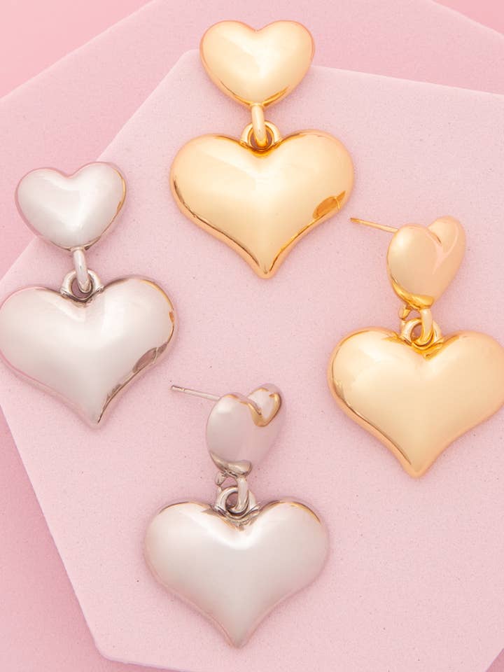 Polished Puffy Heart Post Dangle Earrings for wholesale by SP Sophia Collection