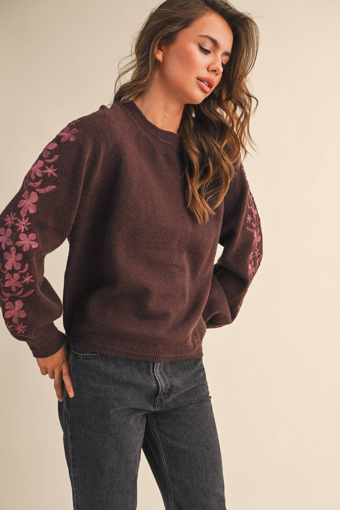 &MERCI - Wholesale Knit Sweater - Women's - PULLOVER SWEATER WITH FLORAL EMBROIDERED SLEEVES MSW1089015