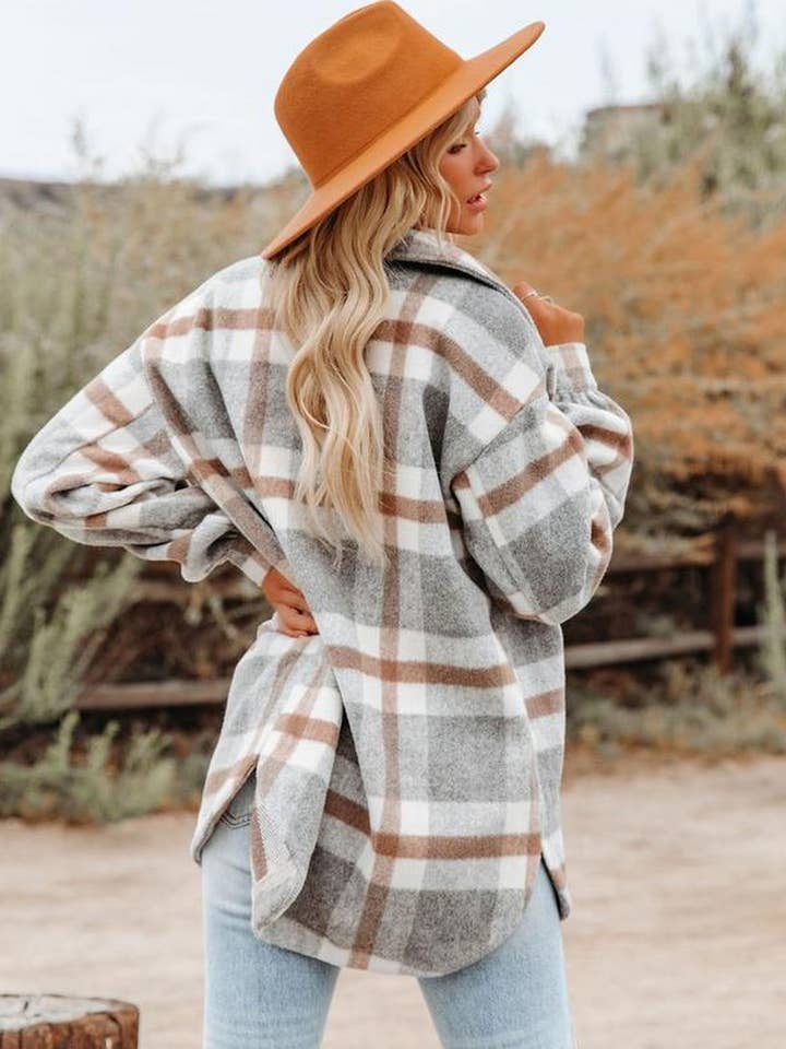 NINEXIS - Wholesale Shirt Jacket/Shacket - Women's - CWOCO0273_PLAID POCKET BUTTON FLANNEL SHIRT JACKET6