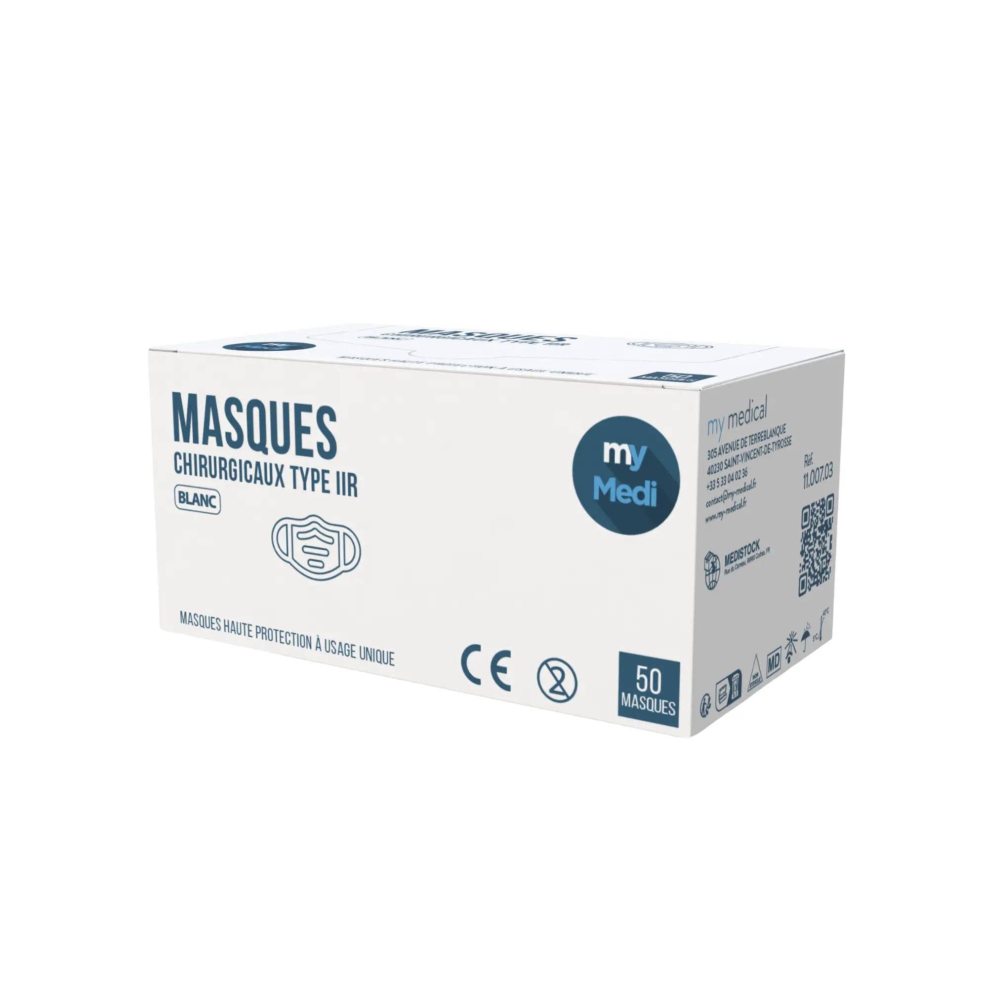 My Podologie - Wholesale Protective Face Mask/Shield - Surgical mask - 3-ply type IIR - Standard EN14683 - CE Certification - Box of 50 masks - 3 colors - My Medical4