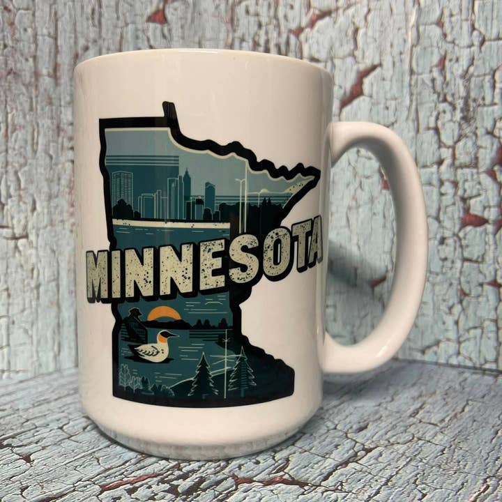 Minnesota Vintage Retro State 15oz Coffee Mug for wholesale by Prairie Chicken Sticker Shop & Gifts