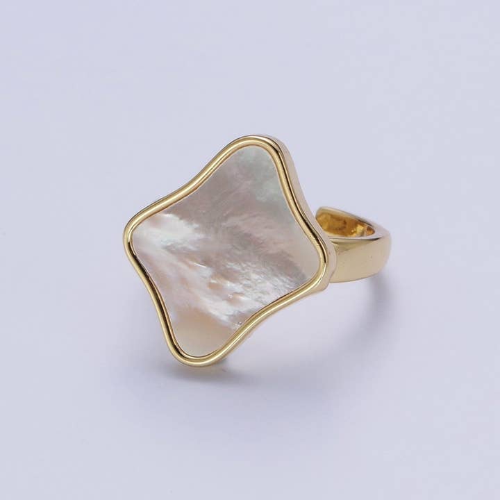 24K Gold Filled Pearl Shell Abstract Rhombus Quatrefoil Adjustable Gold Ring | S-349 for wholesale by Aim Eternal