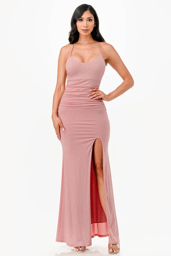 La Scala - Wholesale Dress - Women's - Glittered ITY Back lace up mermaid dress with waist shirring11