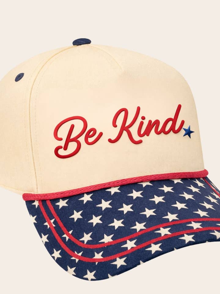 "Be Kind" on Tan Cap with Blue Stars Bill for wholesale by GRACE+EMMA by Southern Grace