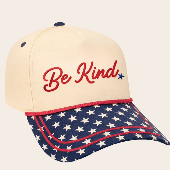 "Be Kind" on Tan Cap with Blue Stars Bill for wholesale on Faire0