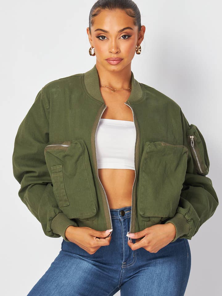 Hot & Delicious - Wholesale Bomber Jacket - Women's - Irene Cargo Pocket Cropped Bomber Jacket (HGJ10318)