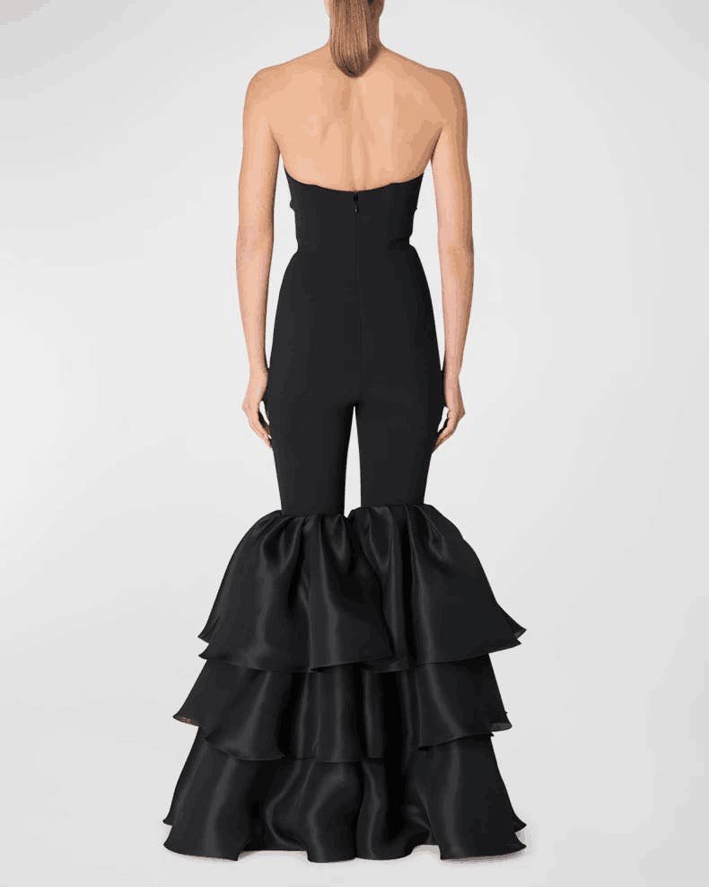 Svart JP003 Elegant Svart Ruffle-Trim Jumpsuit för wholesale på Faire1