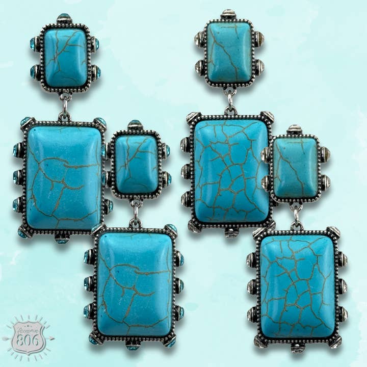 Turquoise and rhinestone double stone rectangle earring for wholesale by Pink Panache Brands