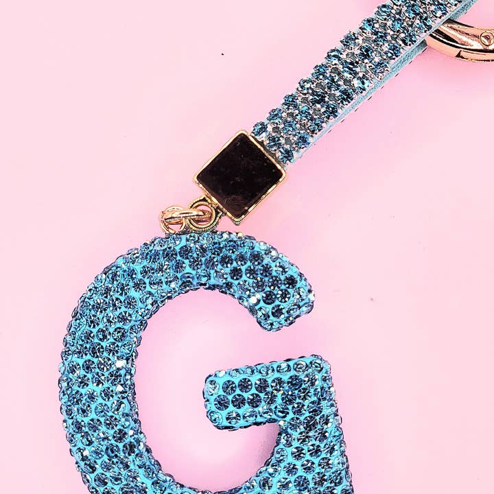 Silver Initial Letter Blue Crystal Key Ring & Bag Charm for wholesale on Faire6