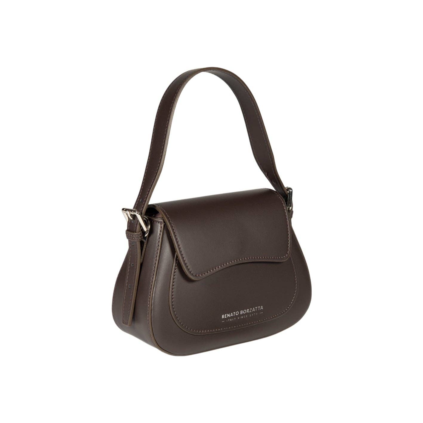 Kaili mood / RENATO BORZATTA - Italy since 1978 - - Wholesale Shoulder Bag - Women's - RB1030B | Women's Shoulder Bag EMMA with flap in Genuine Leather Made in Italy. Shiny Silver Metal Accessories - Dark Brown Color - Dimensions: cm 24 x 18 x 9 + 14.5 (Handle drop)4