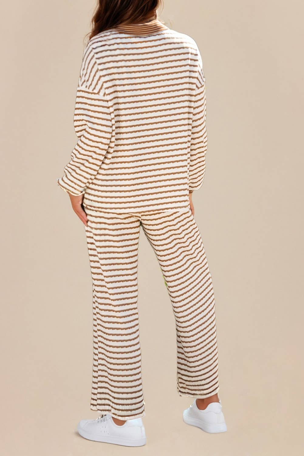LA Society - Wholesale Lounge Set - Women's - Stripe Collared Pullover Top and Drawstring Pant Set1