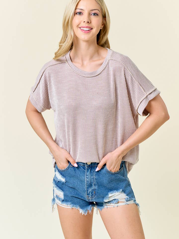 LMT4755-Top canelado de gola redonda da Sandra por atacado de lovely melody