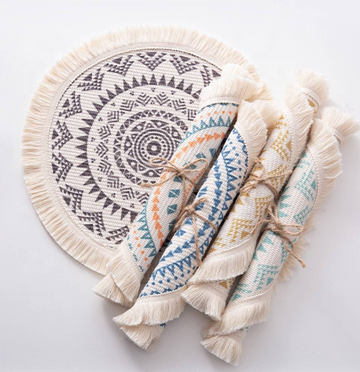 Fennco Styles - Wholesale Placemat - Boho Mandala Fringed 13" Round Cotton Placemat2