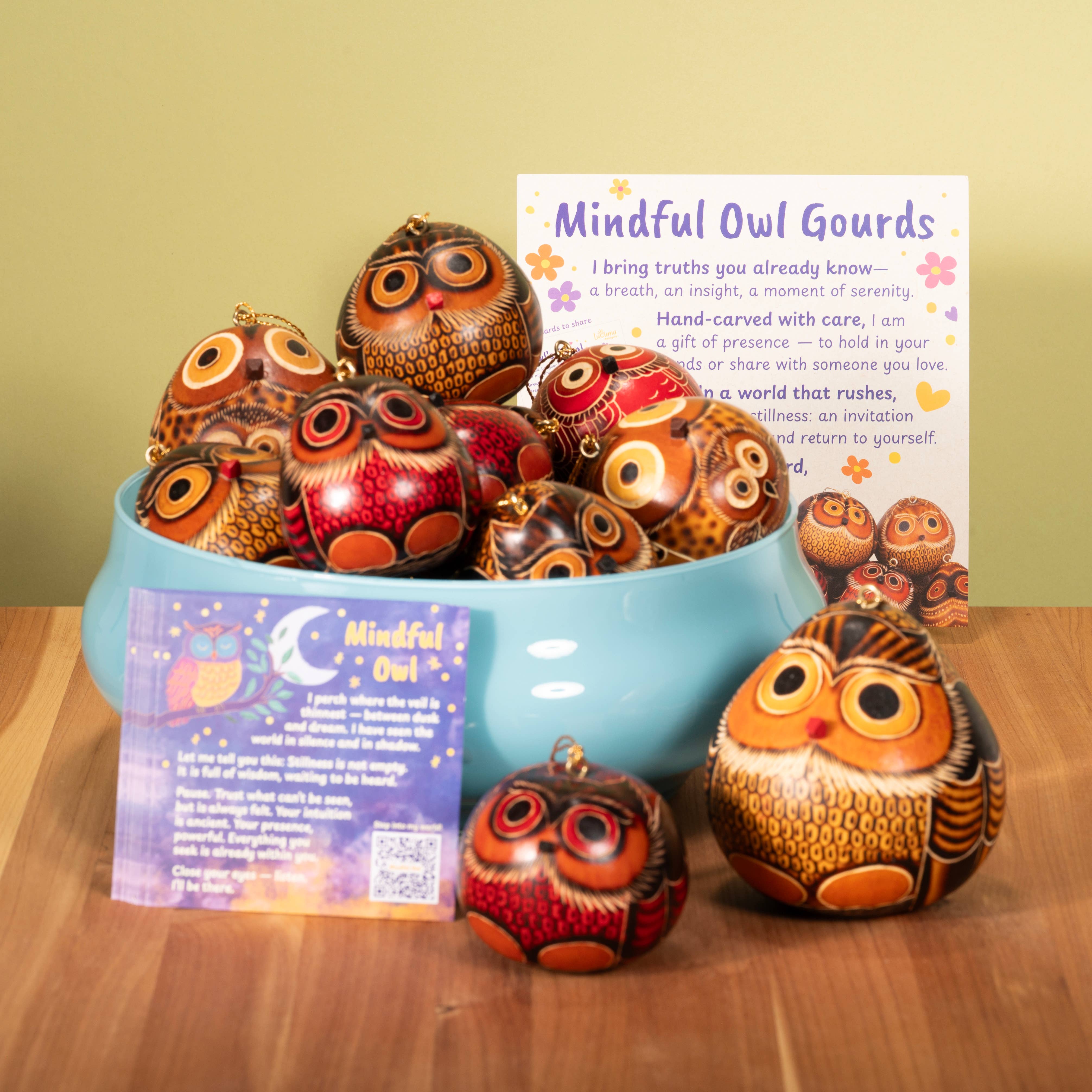 Lucuma Designs – Großhandel Verzierungs-Set – Eulen Mini-Mix - Kürbisanhänger - Fair-Trade-Geschenk2