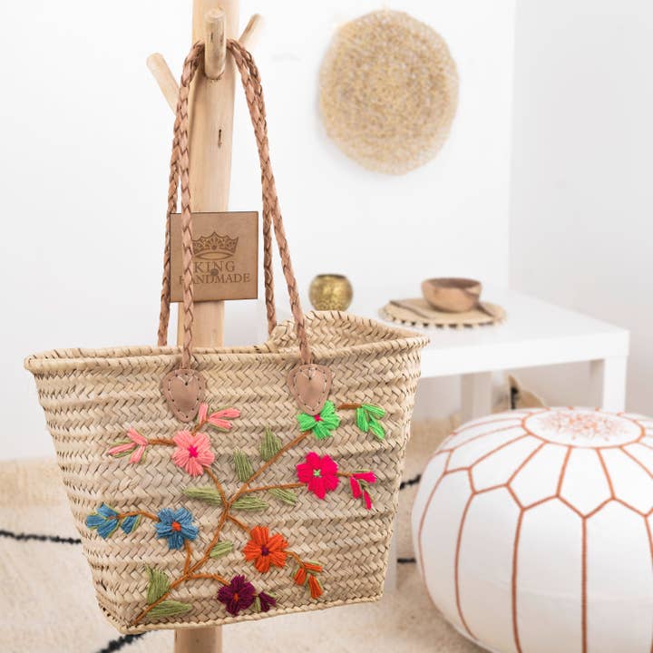 Straw Basket, Handmade Basket, Moroccan Basket, Flower motif for wholesale by King Of Handmade