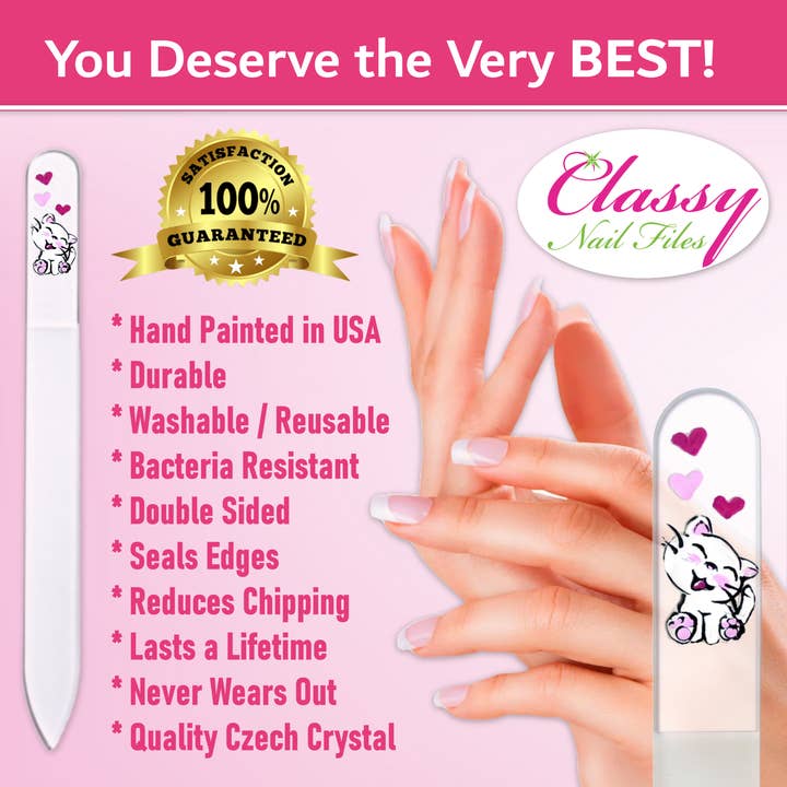 Classy Nail Files - Wholesale Nail File - Kitty Kitten White Cat Heart Hand Painted Crystal Nail File