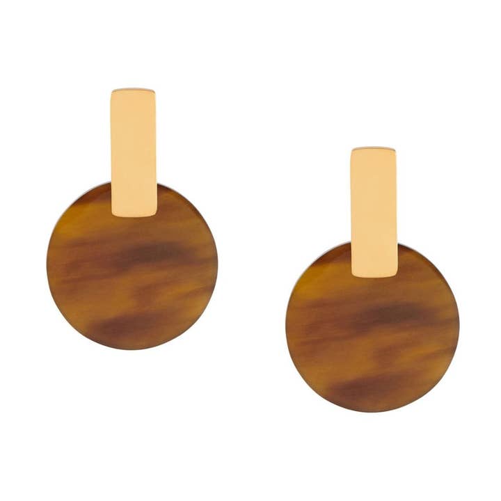 Brown Horn & Gold Plated Round Disc Earrings for wholesale by BRANCH JEWELLERY
