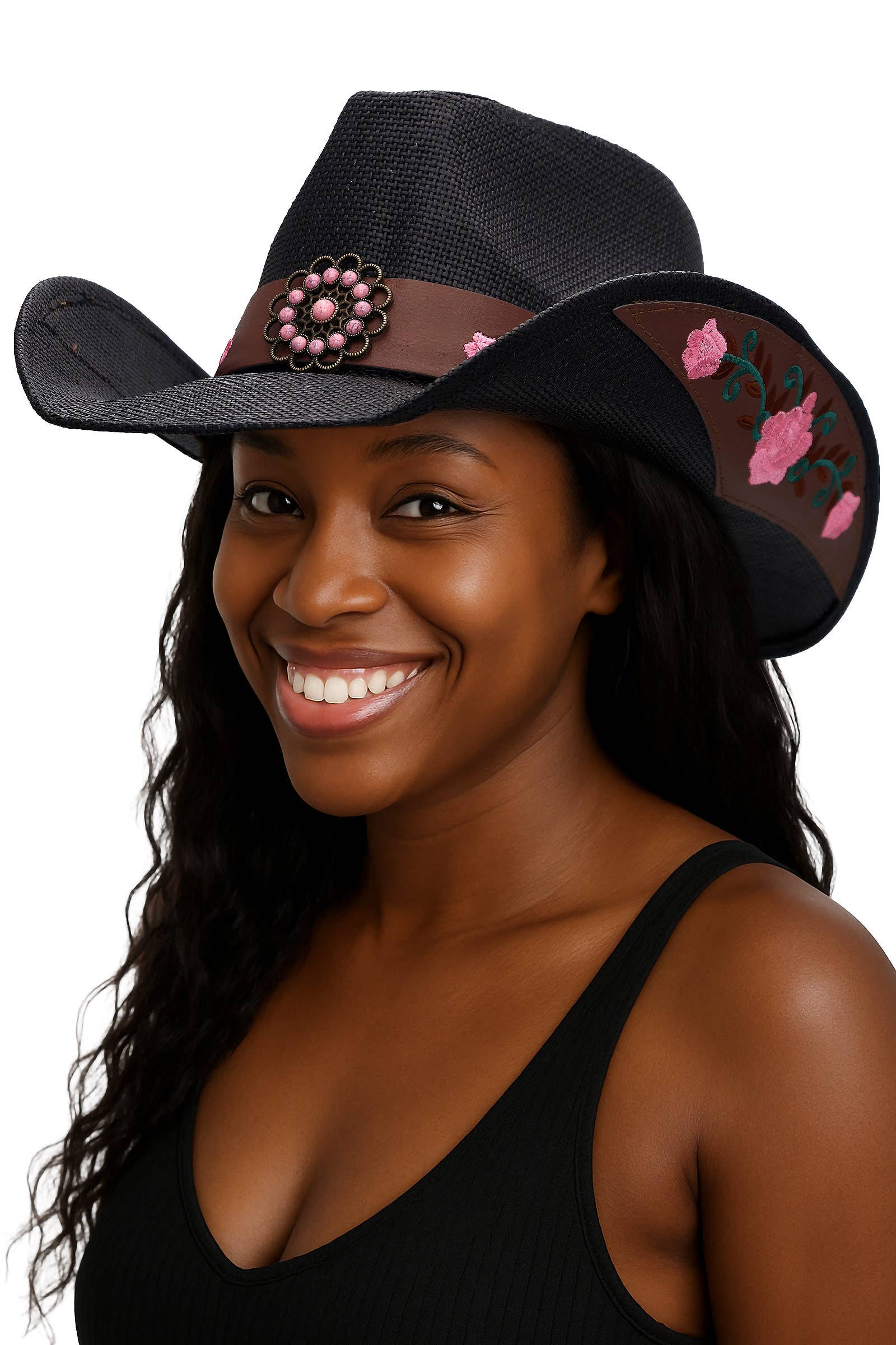 Cap Zone - Wholesale Cowboy Hat - Women's - Pink Rose Concho Belt Embroidered Cowgirl Hat17