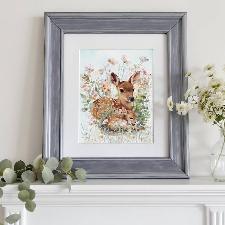 Hirsch und Rehkitz Blumen-Kunstdruck – Wald-Cottagecore-Kunst für den Großhandel von Designs by Michaela