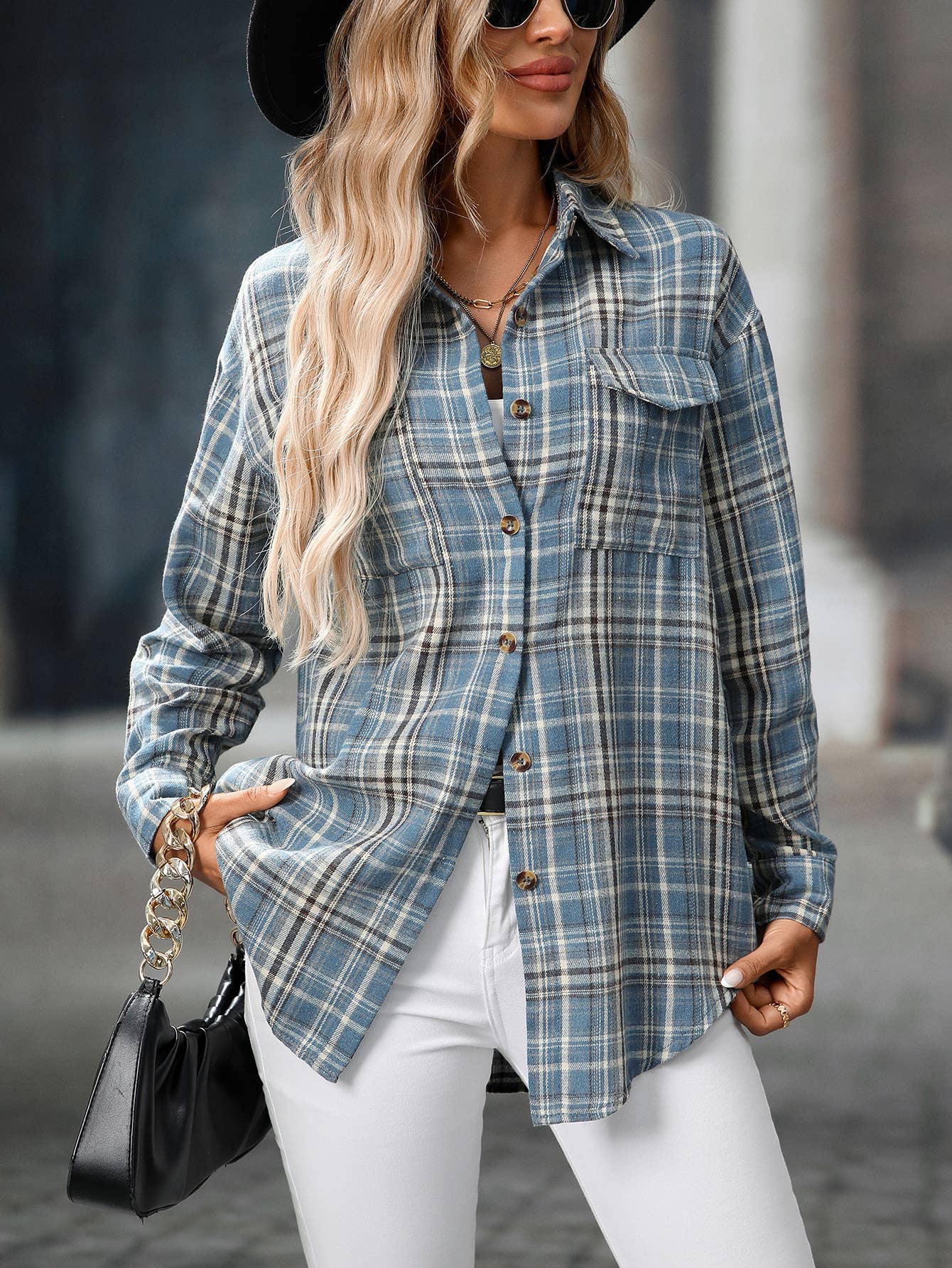 FULL TIME PURCHASE - Wholesale Button Down Shirt - Women's - Plaid Print Chest Pockets Buttoned Shirt36