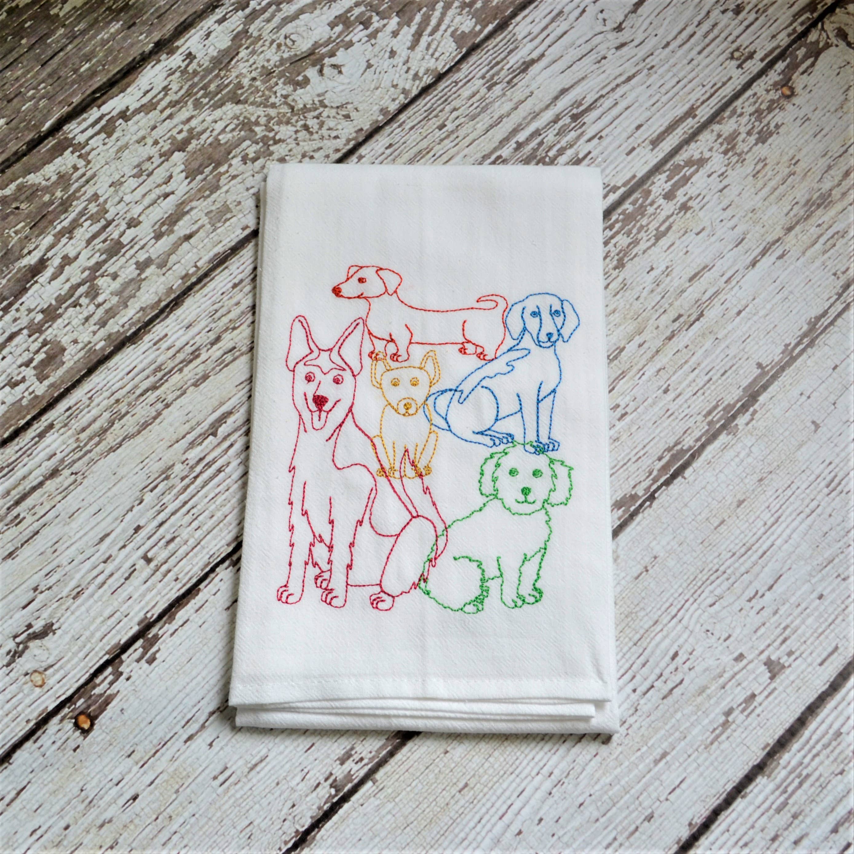 SewMuchMoreStore - Wholesale Tea Towel - Lots of Dogs Tea Towel - Embroidered Floursack Towel0