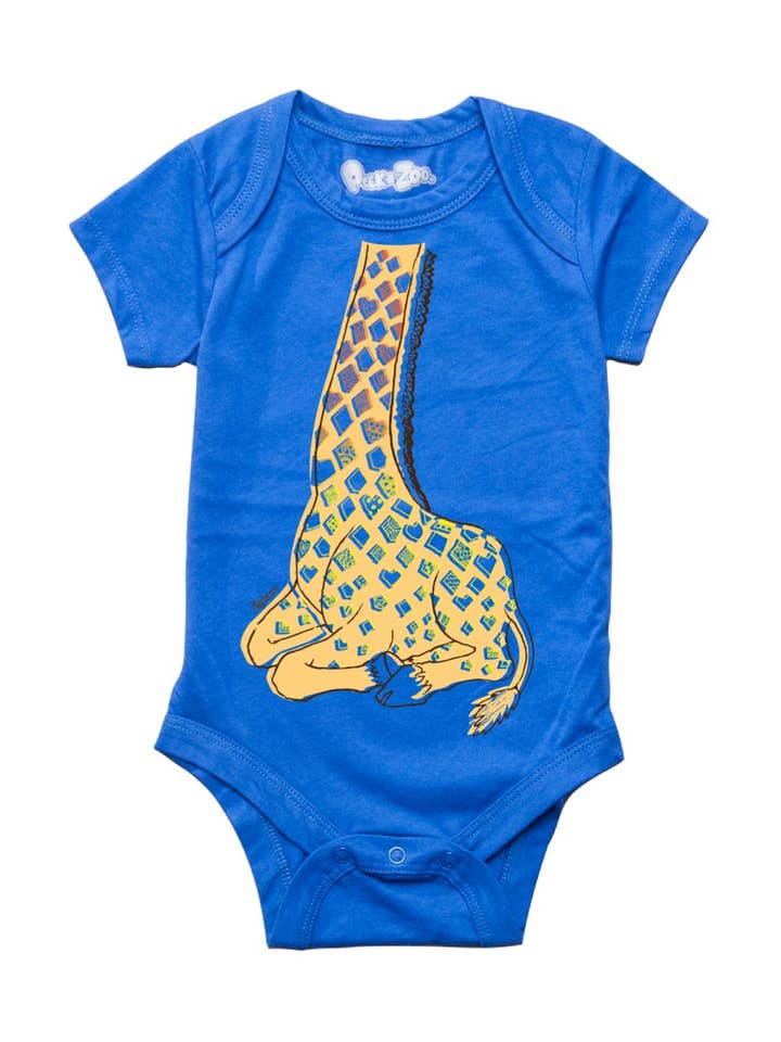 Infant Onesie With Lazy Giraffe in Royal Blue for wholesale by Peek-A-Zoo