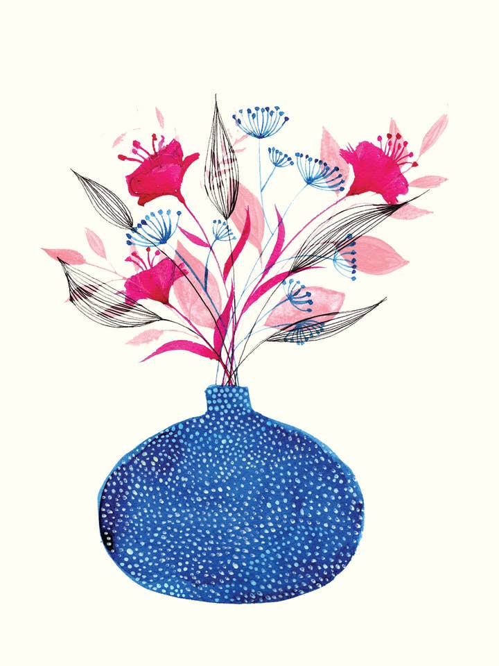 Carte de vœux - Vase bleu avec fleurs roses pour la vente par Maria Zvaric Illustration