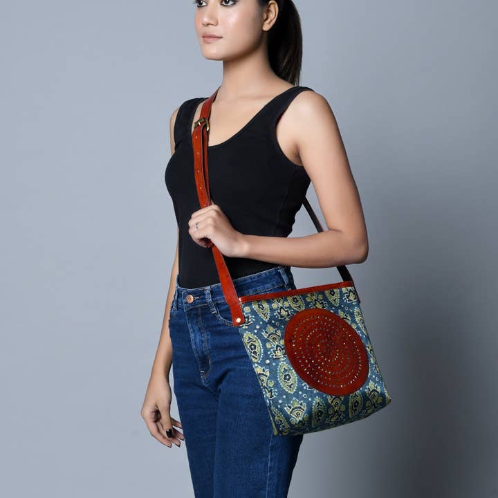 Classy Leather Bags – wholesale Tote bag – Women's – Heritage Ajrakh Leather Tote Bag1