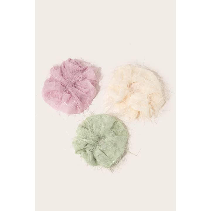 MULTI Fuzzy Feather Scrunchie Set for wholesale on Faire