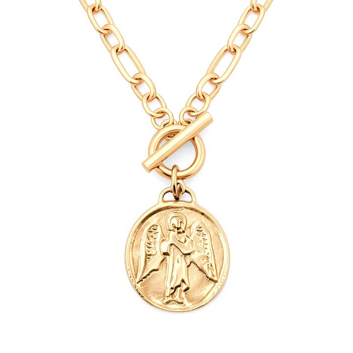 Arvegods modernt paperclip-halsband med matt guldig skyddsängel för wholesale av PowerBeads by jen