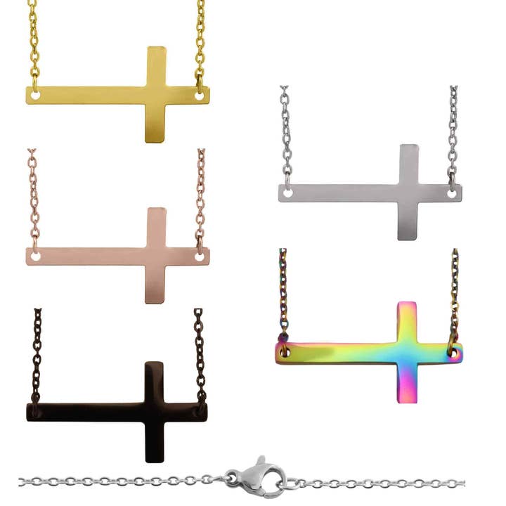 WJW - Wholesale Pendant/Charm Necklace - Stainless Steel Horizontal Cross Necklace