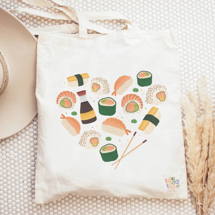 Tilda&Theo - Venta al por mayor Bolsa grande - Unisex - Bolsa de tela Sushi Heart Nigiri - bolsa de yute de regalo para sushi