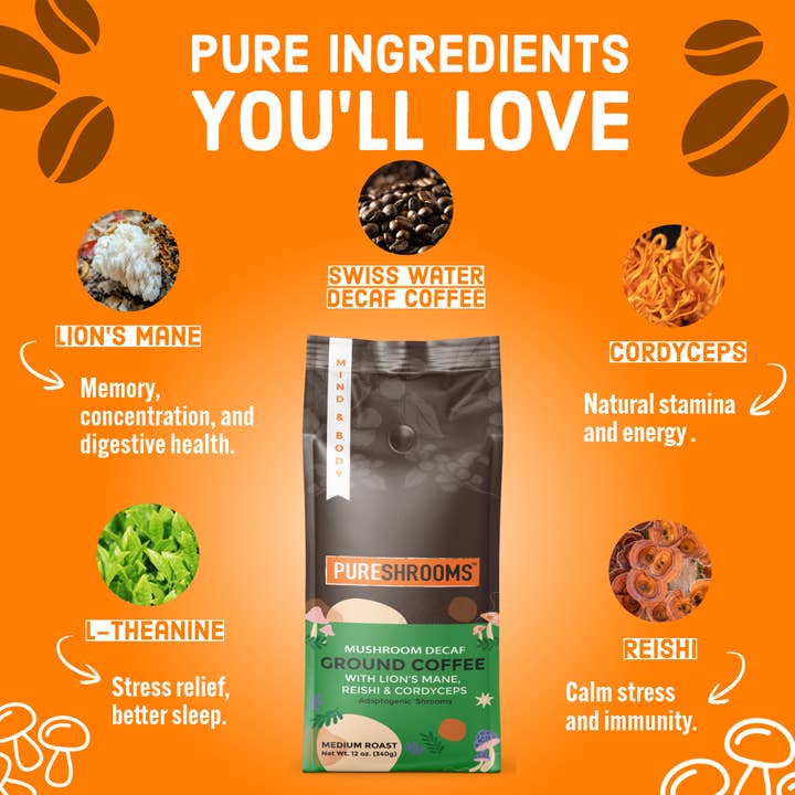PureShrooms Inc. - Wholesale Ground Coffee - PureShrooms Swiss Water Decaf Mushroom Ground Coffee2